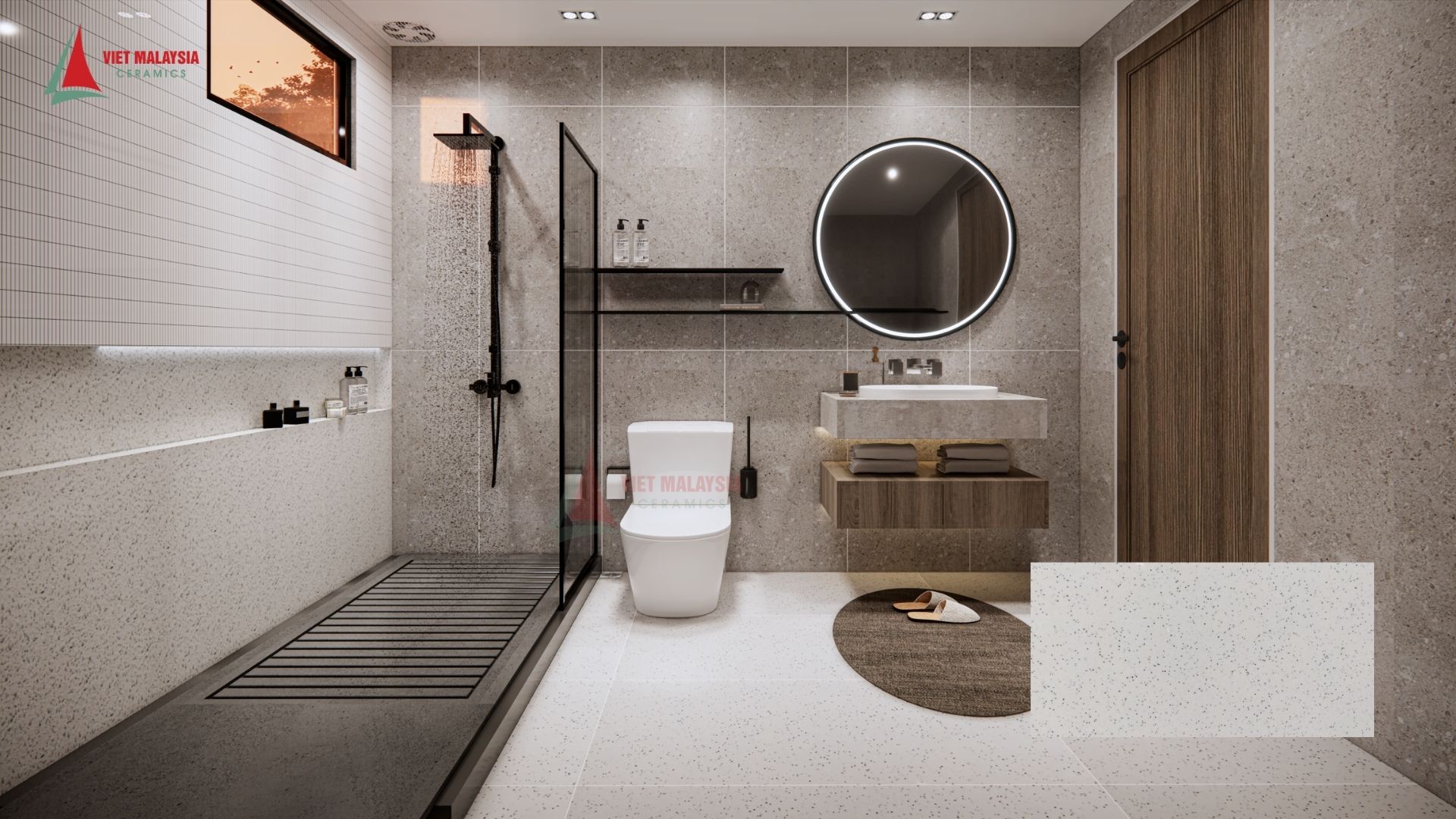 Phòng tắm hiện đại lát nền – ốp tường gạch terrazzo – 612QUMA.