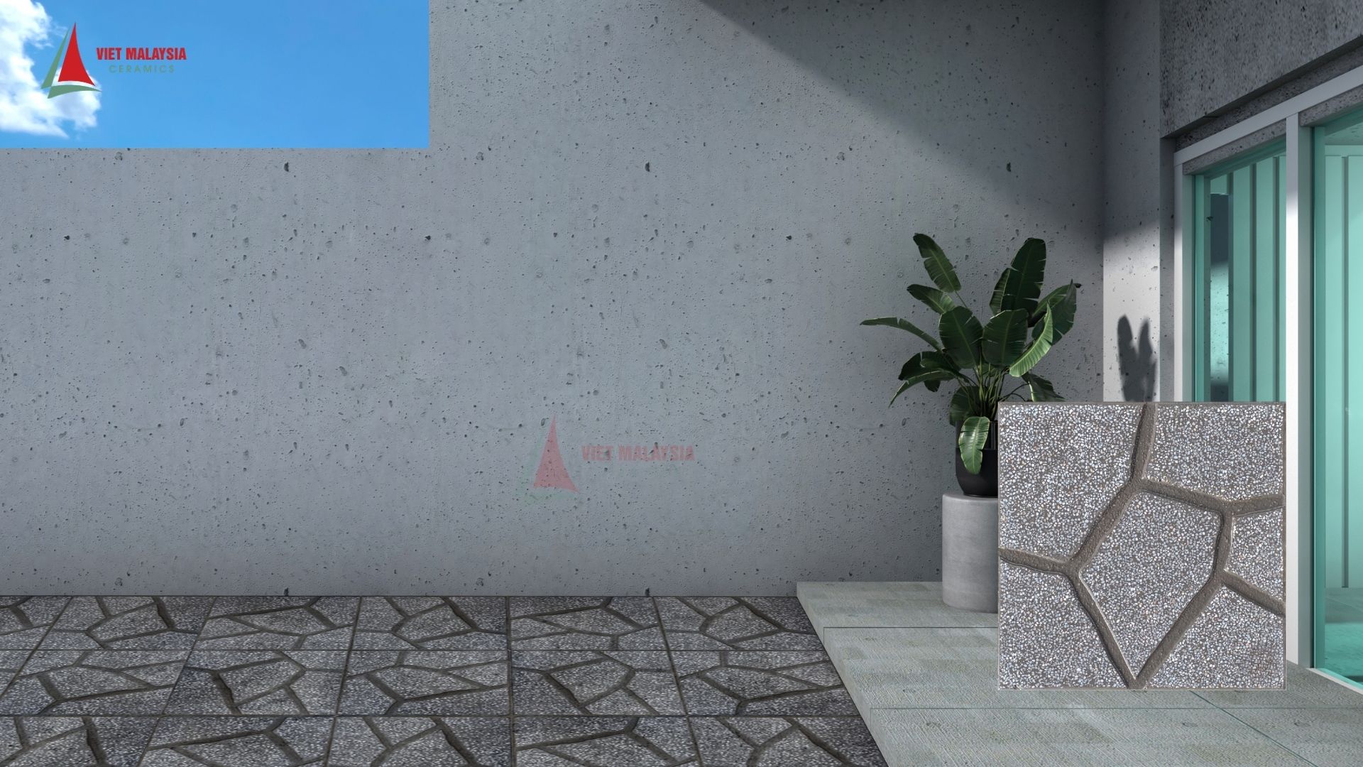 Gạch lát nền sân nhà terrazzo xám.