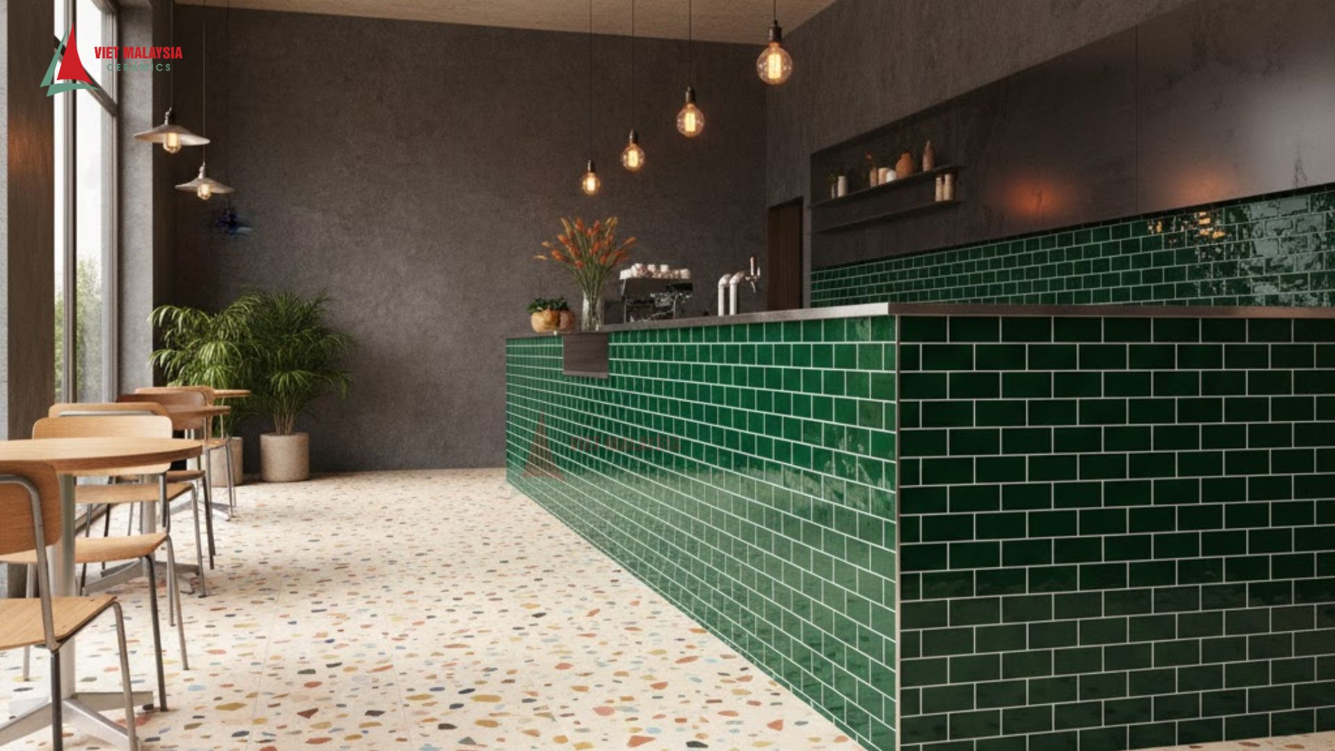 Gạch Terrazzo phối gạch thẻ hoặc mosaic – Điểm nhấn tinh tế cho không gian.