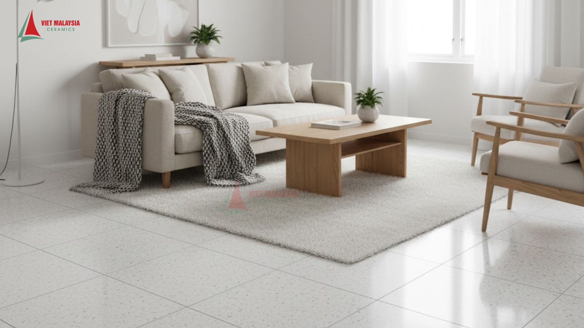 Phong cách Bắc Âu – Terrazzo trắng xám phối gỗ sáng.