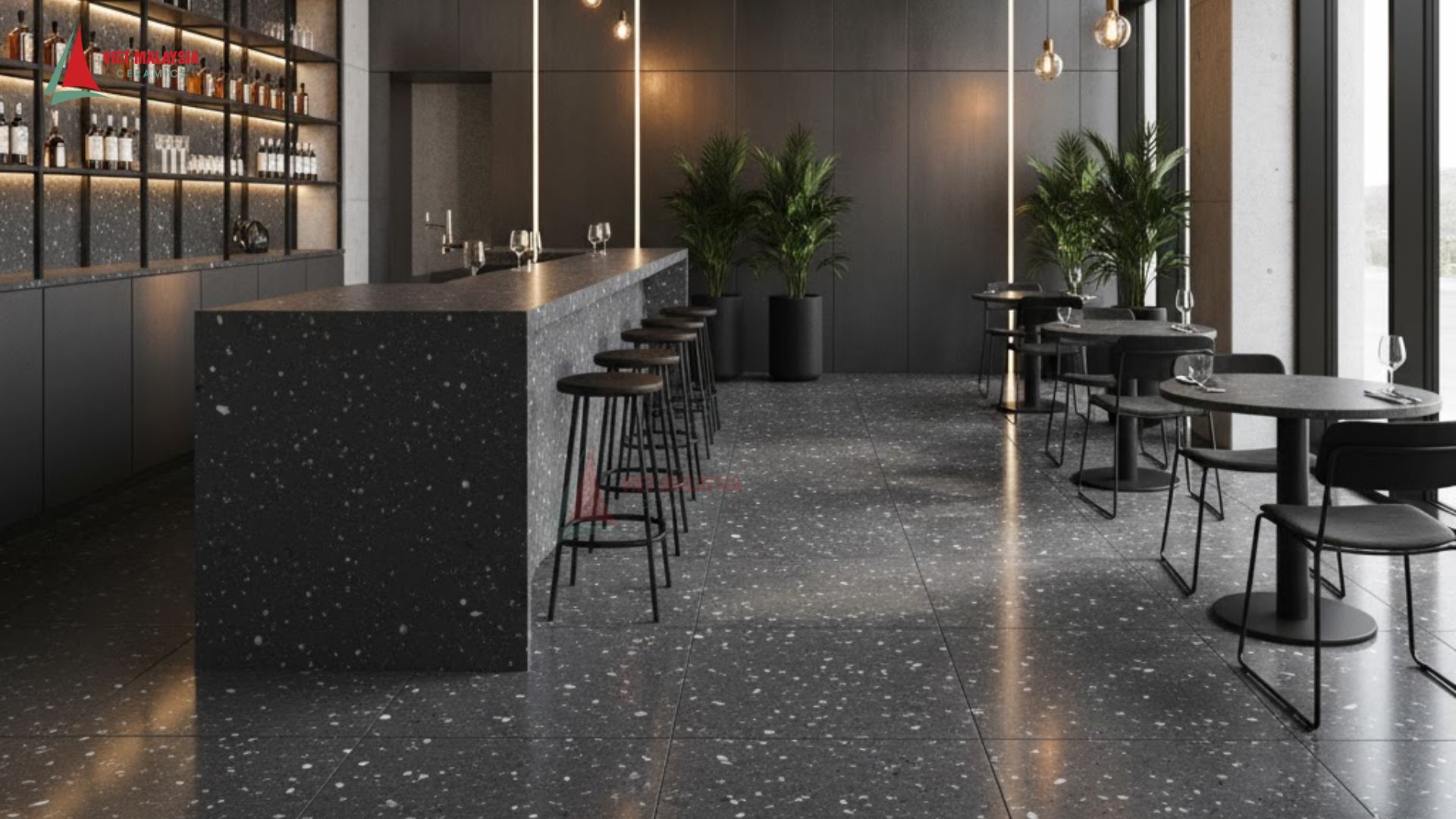 Phong cách hiện đại – Terrazzo xám đậm phối bê tông, kim loại.