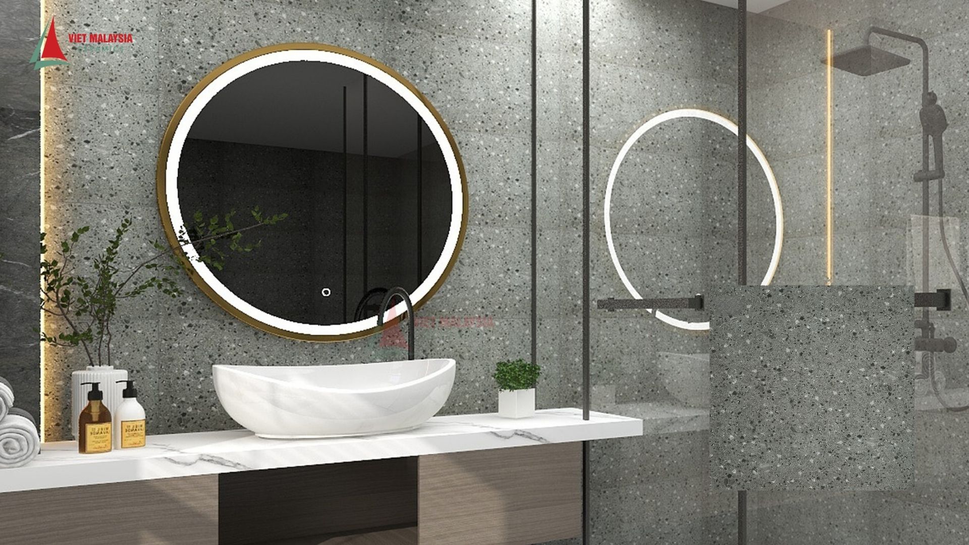 Gạch vân đá terrazzo màu tối ốp tường nhà tắm – VH60K04.