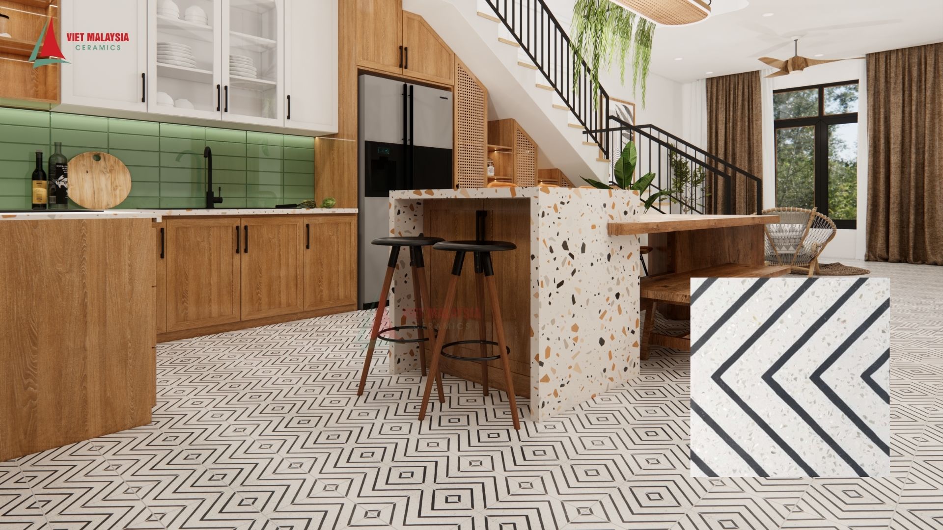 Gạch giả terrazzo lát phòng khách – 100NEMO.