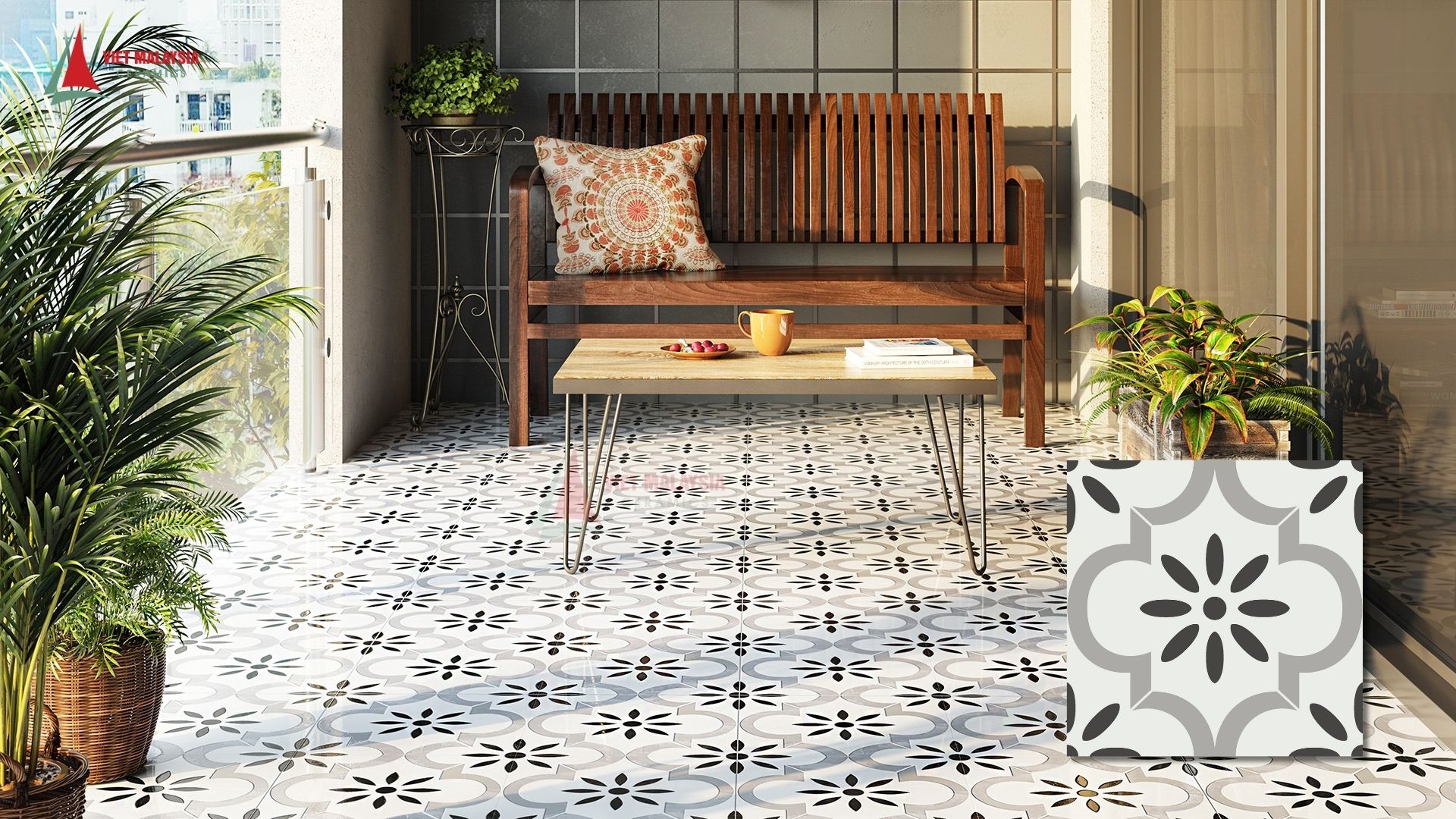Ban công lát nền gạch bông hoa văn cổ điển - VH 220.1