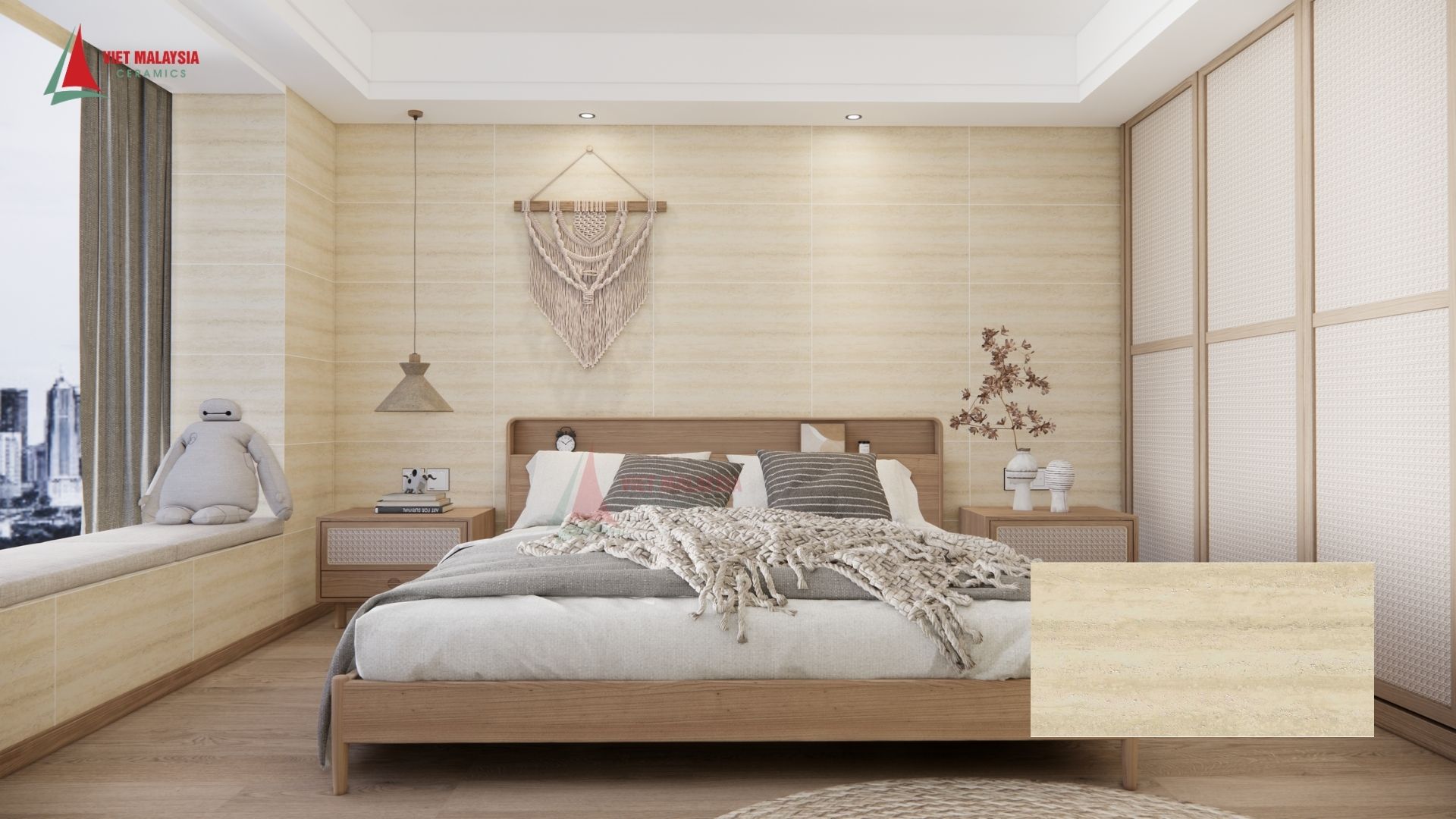 Gạch giả đá traventine ốp tường trang trí phòng ngủ đẹp - 48M8102
