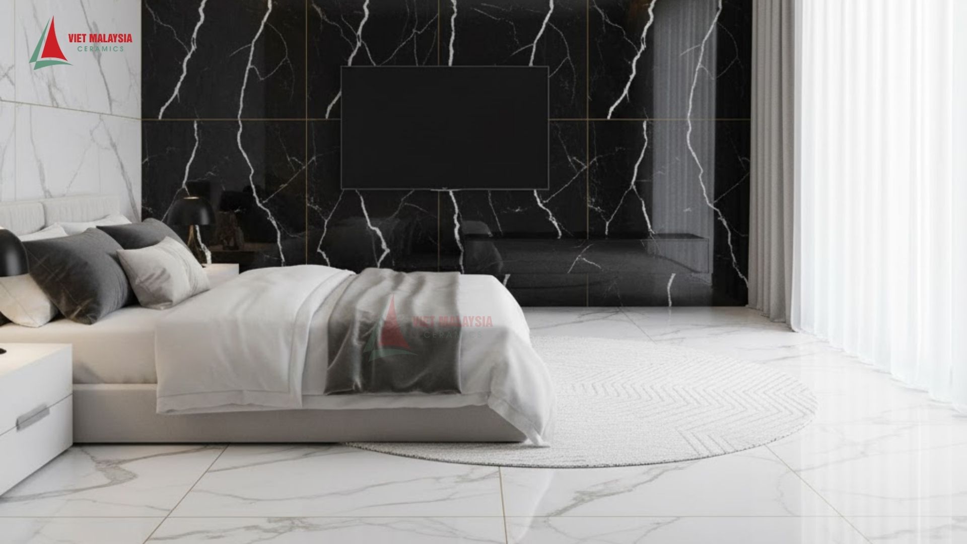 Gạch trang trí phối màu tương phản với trắng - đen