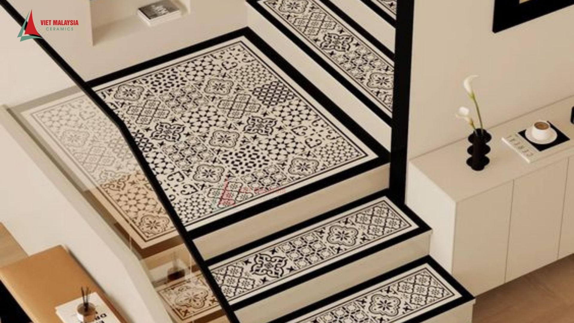 Mẫu gạch bông ốp cổ bậc đồng bộ một hoa văn