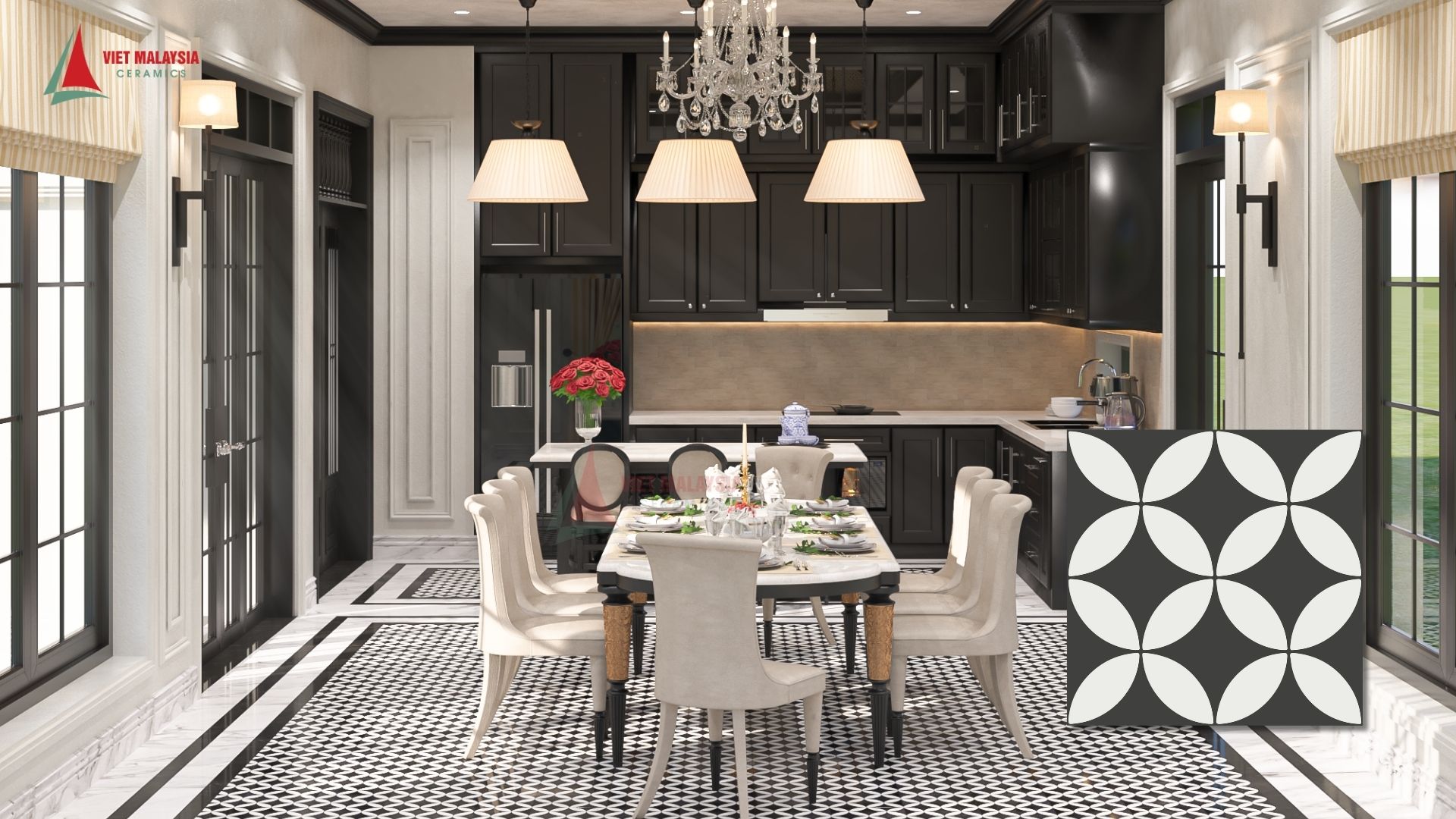Phối cảnh gạch bông lát sàn phòng ăn mang phong cách Indochine - VH 6.6