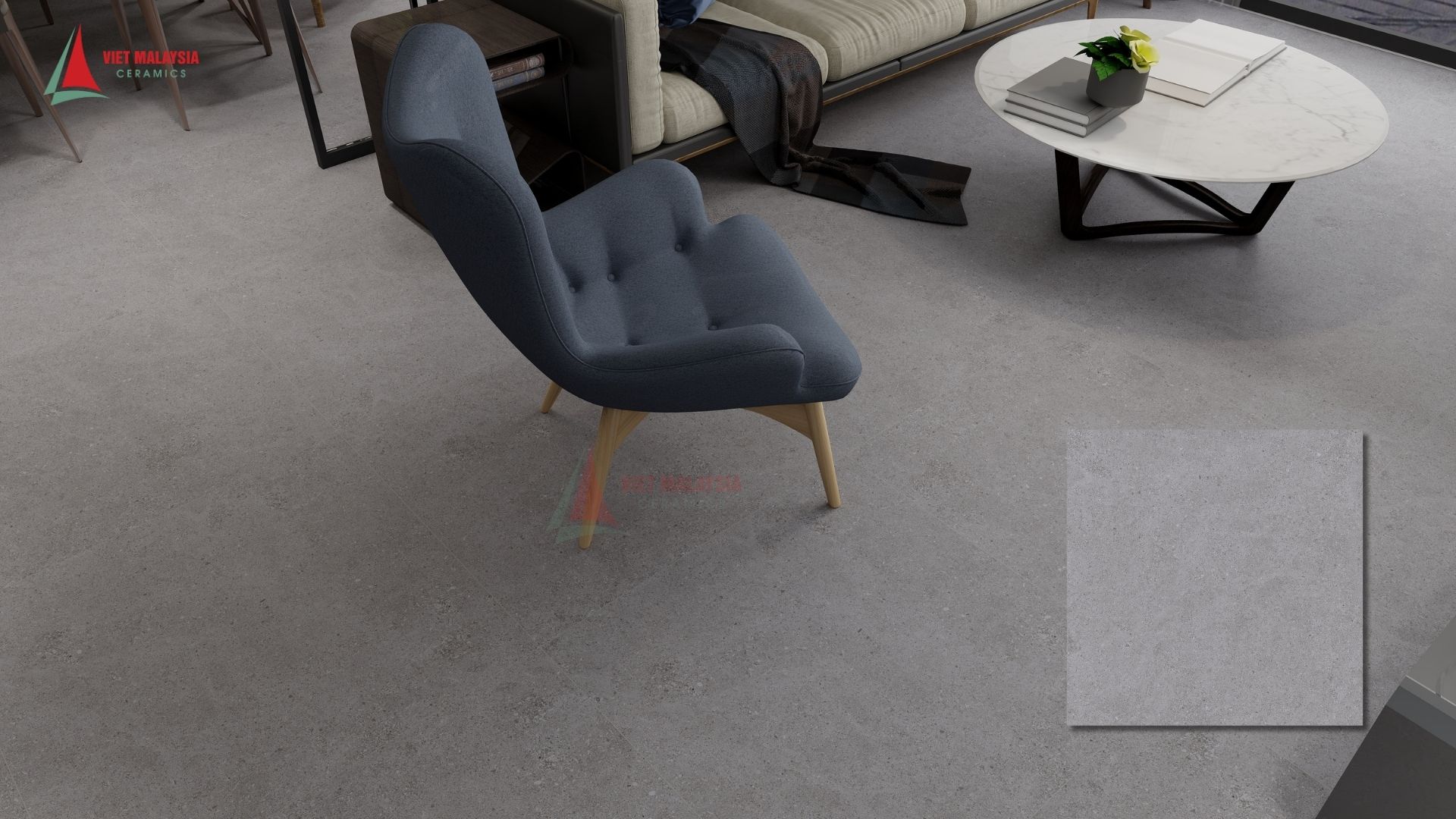 Phòng khách tông xám xi măng, gạch mặt matt, nội thất gỗ ấm - DNY608 GREY