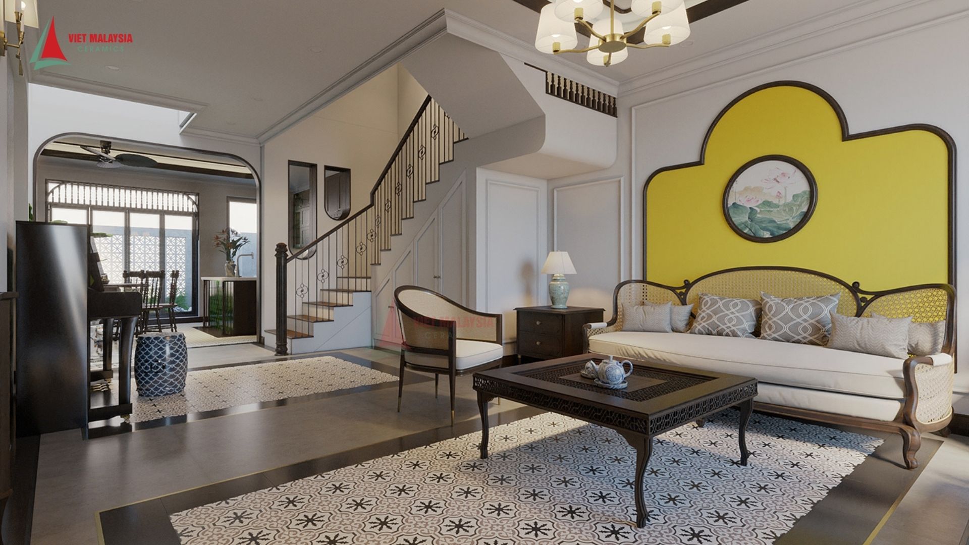 Thảm gạch bông lát nền phòng khách khu vực sofa - VH 1.62