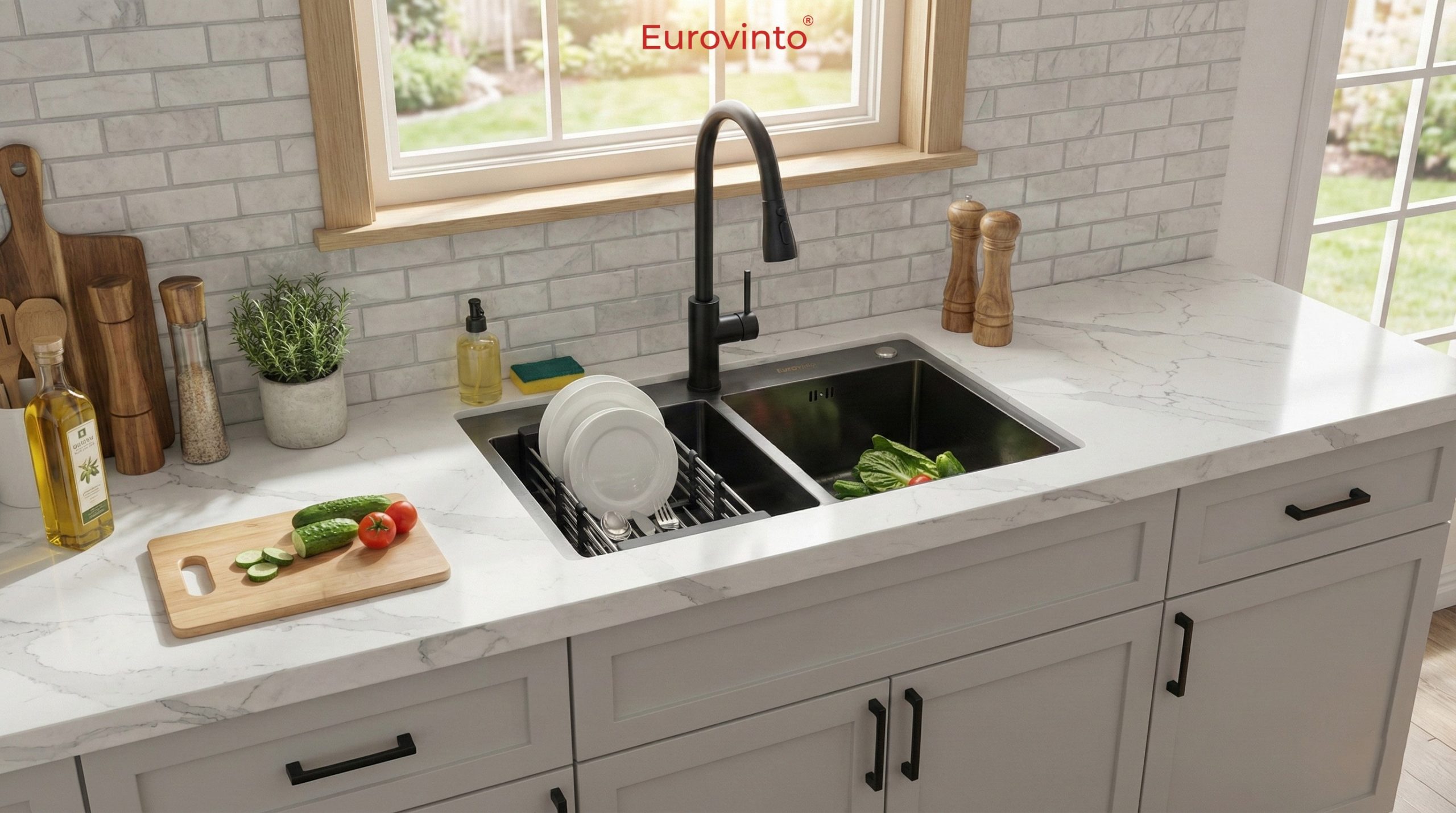 Bồn rửa Eurovinto 8245-DE kết hợp Phụ kiện thiết bị vệ sinh Eurovinto – Giải pháp hoàn hảo cho không gian bếp hiện đại.