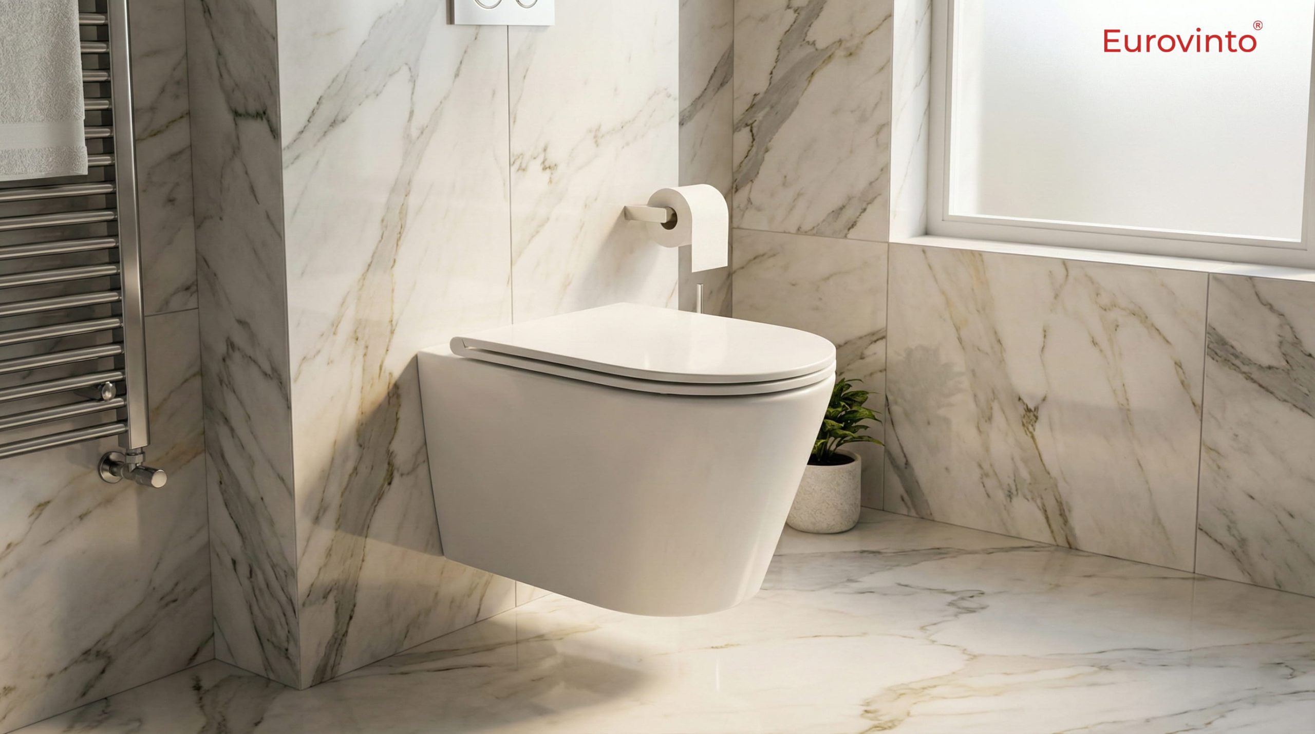 Bồn cầu treo tường Eurovinto EVT-0124 (525x360x355mm) tối ưu hóa không gian nhờ thiết kế két nước âm tường thông minh. Vẻ đẹp hiện đại, gọn gàng, giúp phòng tắm trở nên thoáng đãng và rộng rãi hơn.