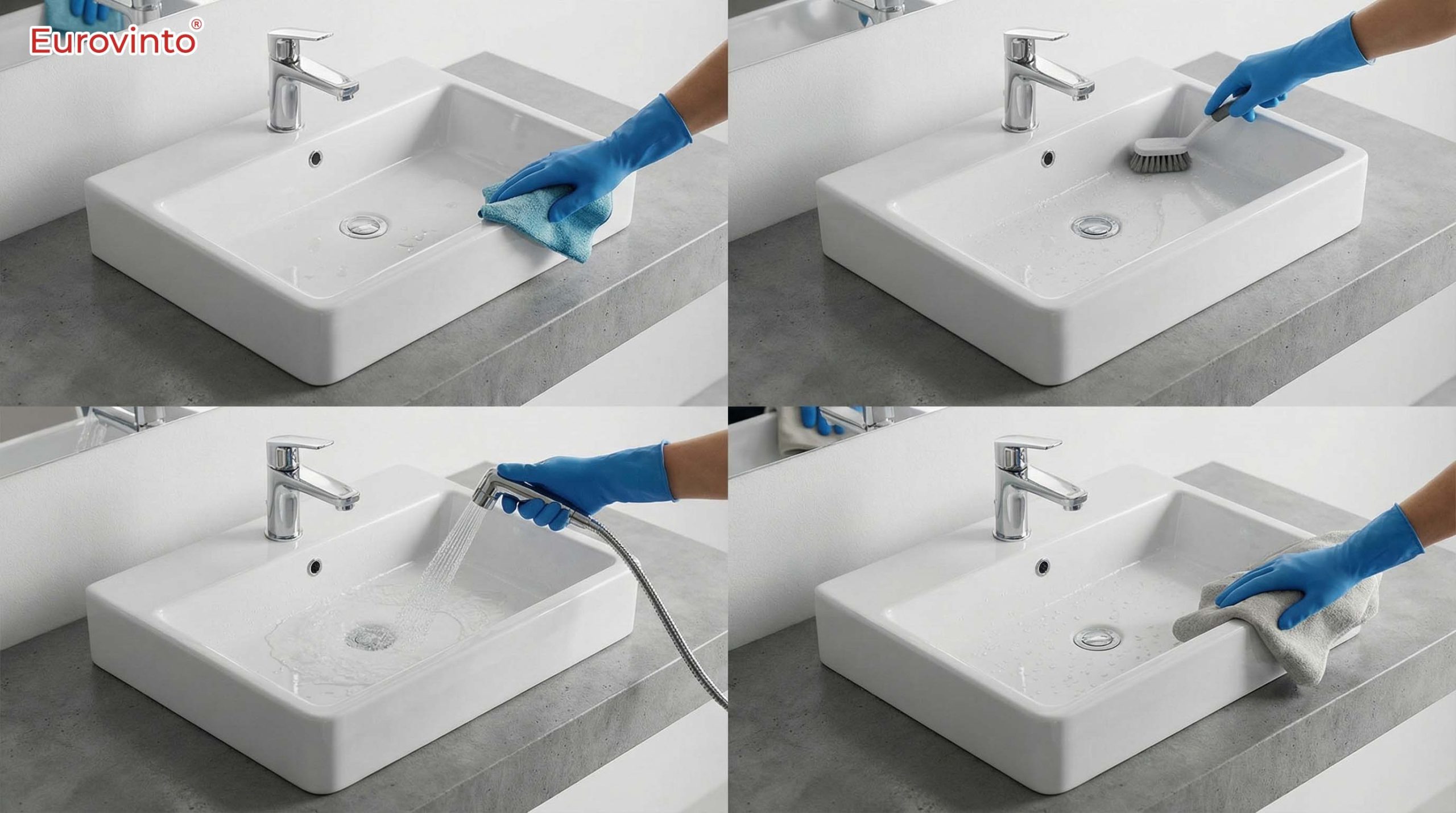 Hình ảnh mô phỏng quy trình 4 bước vệ sinh lavabo từ làm ướt đến lau khô. Đây là bí quyết cốt lõi trong cách dùng chậu rửa mặt giúp giữ lớp men luôn sáng bóng, bền đẹp và ngăn ngừa vi khuẩn hiệu quả.