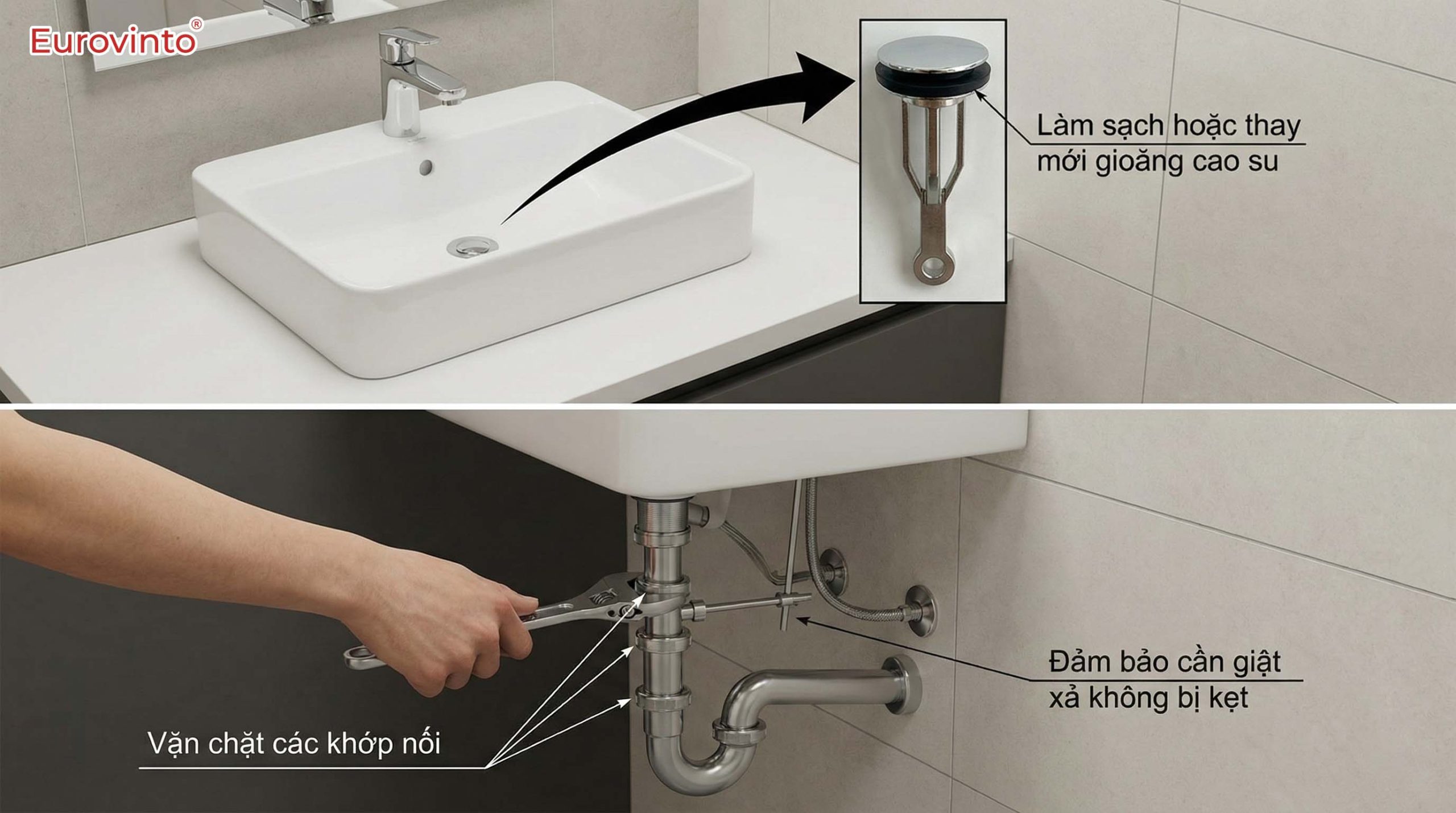 Kỹ thuật viên đang sửa chữa vị trí rò rỉ nước dưới gầm chậu. Đây là lưu ý quan trọng trong cách dùng chậu rửa mặt để ngăn chặn hư hại tủ chậu, tiết kiệm nước và duy trì tuổi thọ sản phẩm bền lâu.