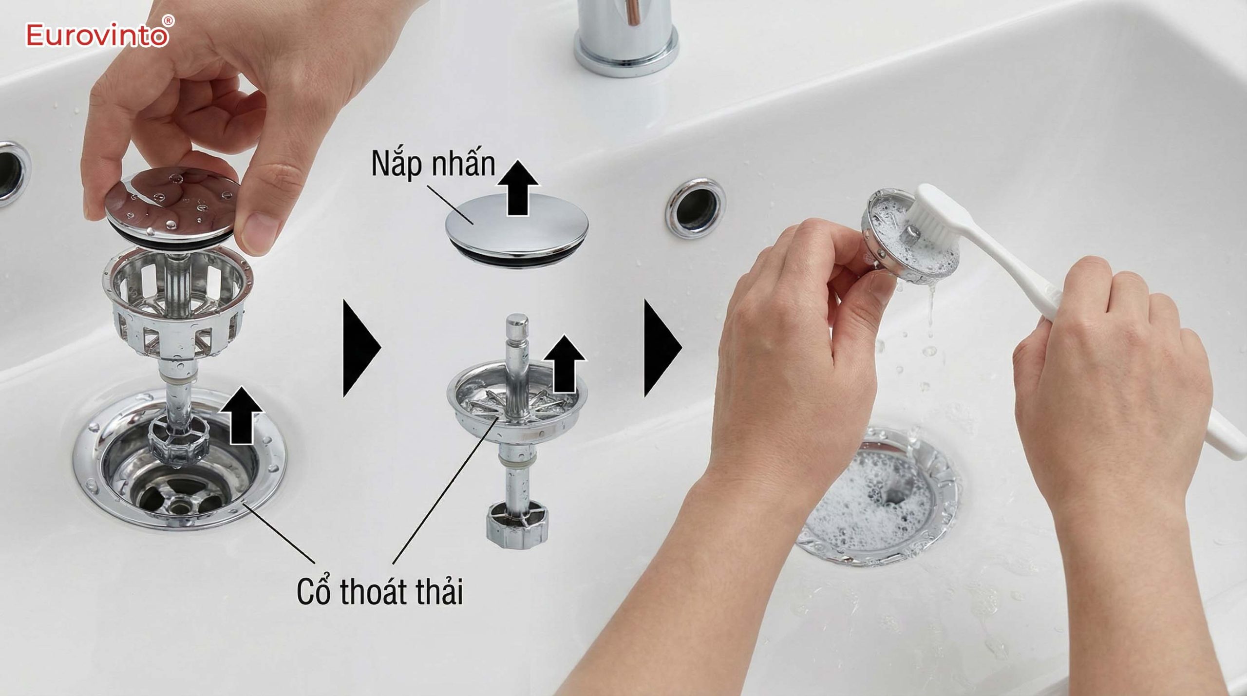 Hướng dẫn vệ sinh nút nhấn thoát thải và lấy tóc ở lọc rác. Việc làm sạch thường xuyên này giúp tối ưu cách dùng chậu rửa mặt, ngăn ngừa mùi hôi và đảm bảo hệ thống xả luôn thông thoáng.