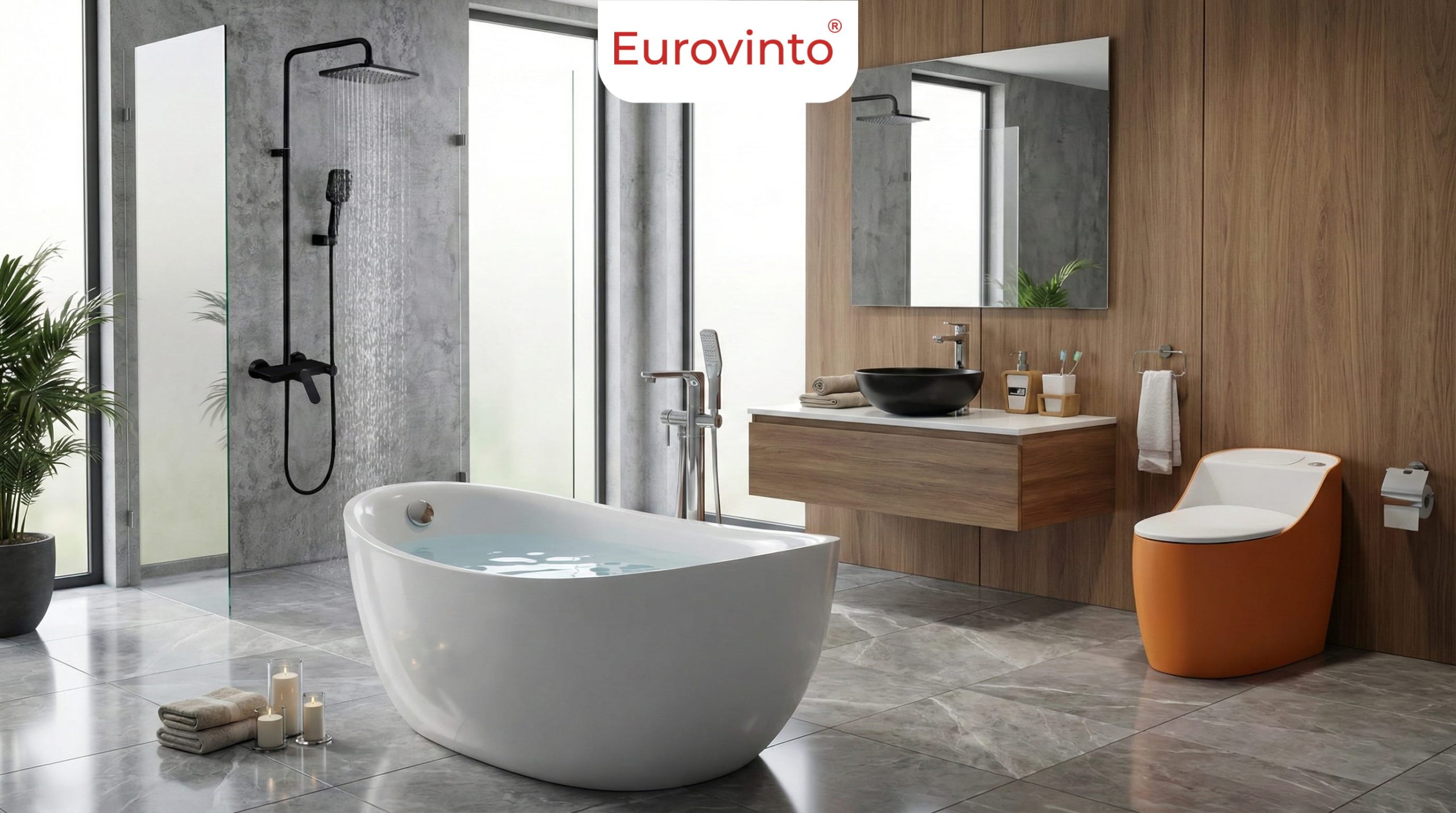 Kiến tạo không gian sống chuẩn tương lai với bộ tứ: Bồn Tắm Eurovinto EVT – 5003, Bồn cầu EVT – 1680, Chậu rửa HT-012B và Sen tắm V9B-YX. Sự lựa chọn tiên phong được đúc kết từ kinh nghiệm chọn thiết bị vệ sinh bền vững, thân thiện với môi trường.