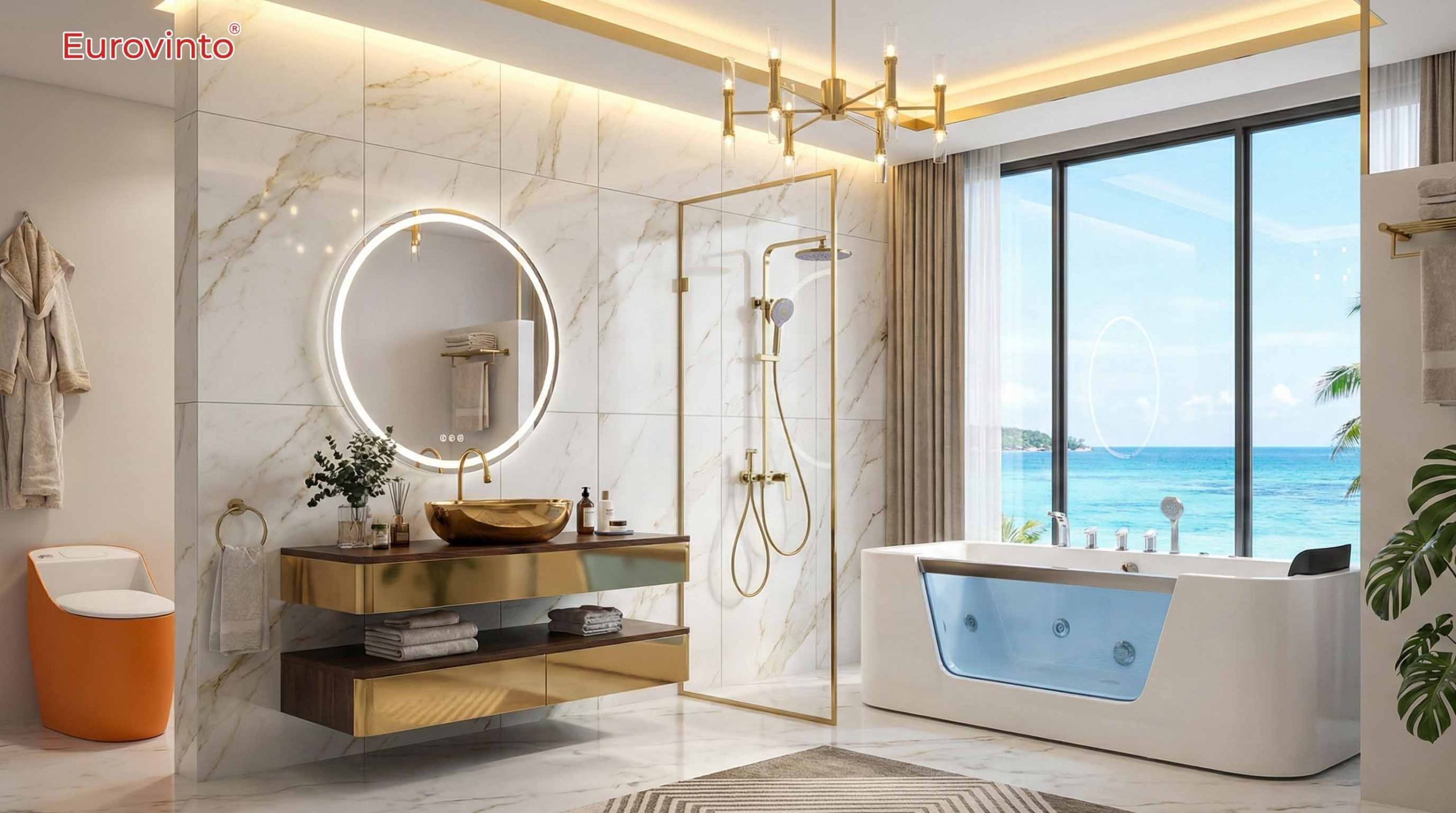 Chiêm ngưỡng không gian phòng tắm Spa đẳng cấp sau khi sửa nhà vệ sinh. Sự kết hợp hoàn hảo giữa bồn tắm ngâm Eurovinto EVT–N5101 thư giãn, bồn cầu EVT–1680 hiện đại, sen tắm cây 19110F-2G, cùng bộ đôi gương soi EVT–Y70*70 và chậu rửa G356-ELRG tinh tế, mang lại trải nghiệm nghỉ dưỡng 5 sao ngay tại nhà.