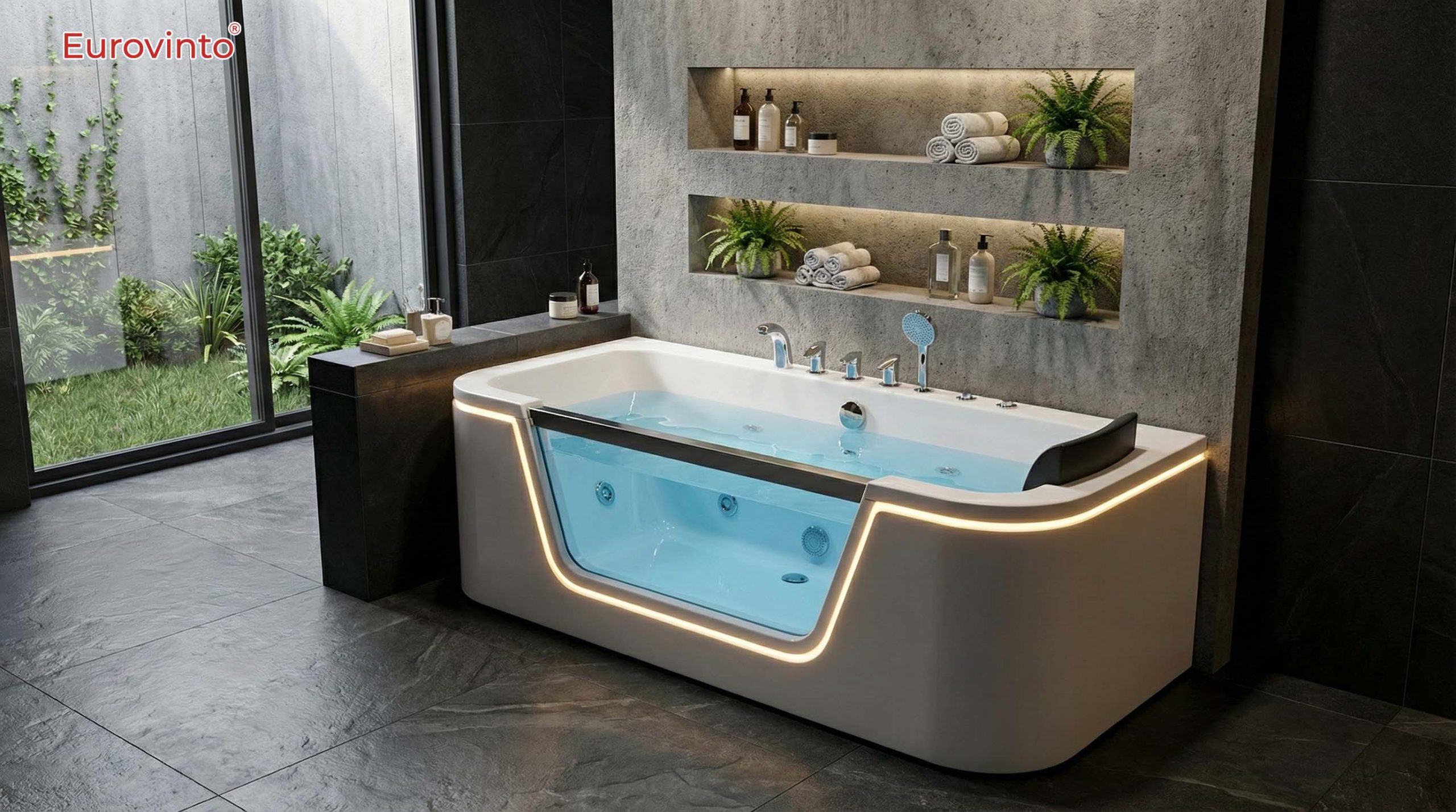 Bồn tắm Eurovinto EVT N5101: Thiết bị nhà tắm cao cấp từ Acrylic bền đẹp. Thiết kế công thái học nâng đỡ cột sống, chống trơn trượt, mang lại vẻ sang trọng và giây phút thư giãn tuyệt đối.