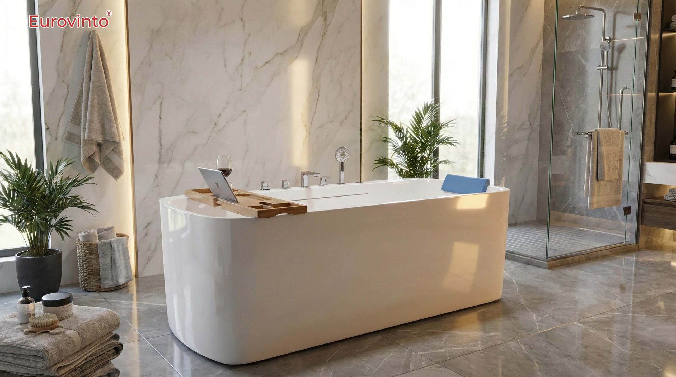 "Bồn tắm massage Eurovinto EVT – B7215: Thiết bị nhà tắm cao cấp đậm chất Châu Âu. Chất liệu Acrylic sáng bóng, chống trầy xước, đáy chống trơn trượt, mang lại trải nghiệm thư giãn an toàn tuyệt đối.
