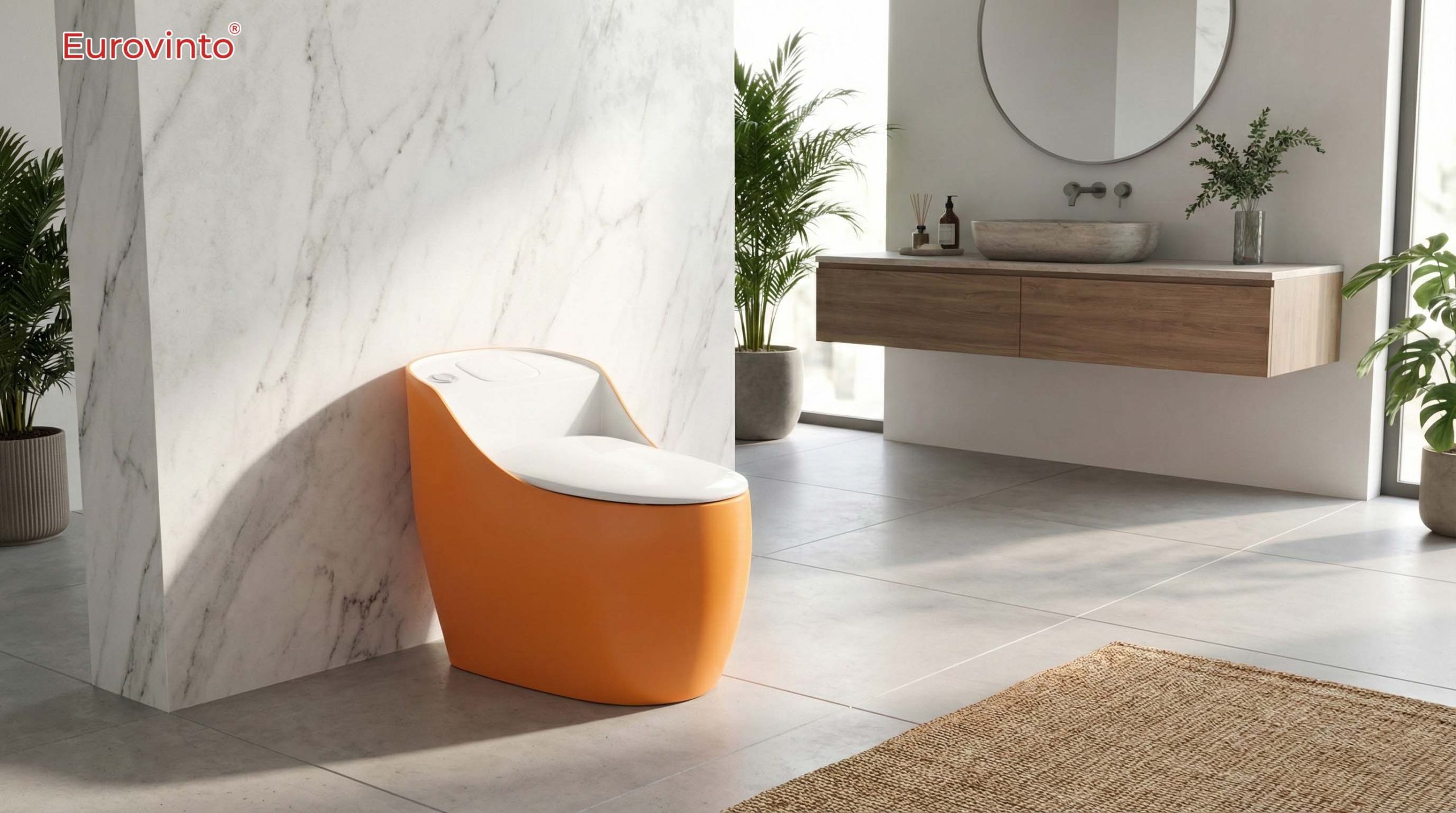 Bồn cầu 1 khối Eurovinto EVT – 1680: Thiết bị nhà tắm cao cấp men nano kim cương siêu bền. Đúc liền khối không rung lắc, xả xoáy sạch khuẩn, kết hợp in 3D thời thượng nâng tầm không gian