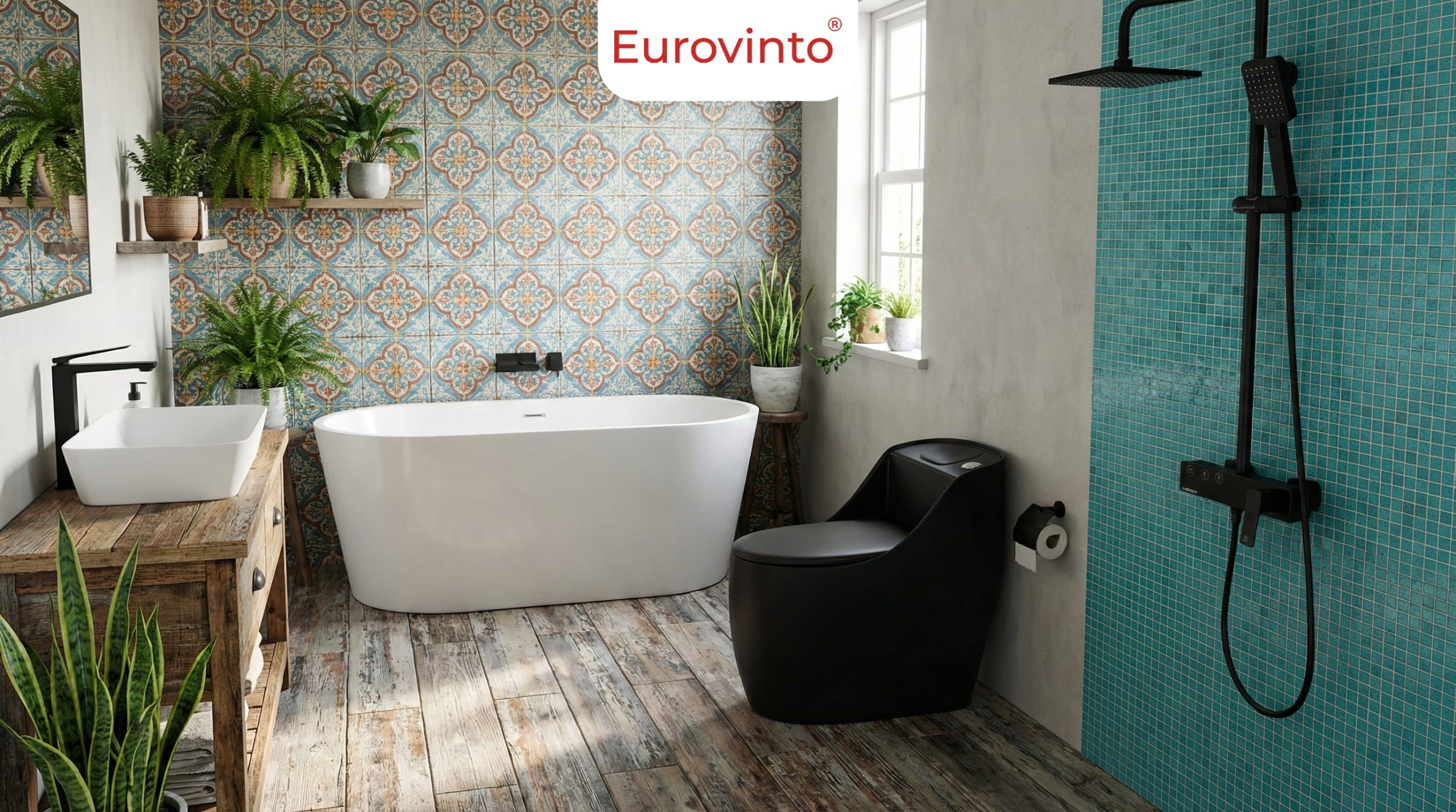 Không gian phòng tắm hiện đại với Bồn cầu Eurovinto EVT – 101, Sen tắm Eurovinto GSB-FX và Bồn Tắm Eurovinto EVT – 6667 lắp đặt đúng tiêu chuẩn lắp đặt thiết bị vệ sinh.