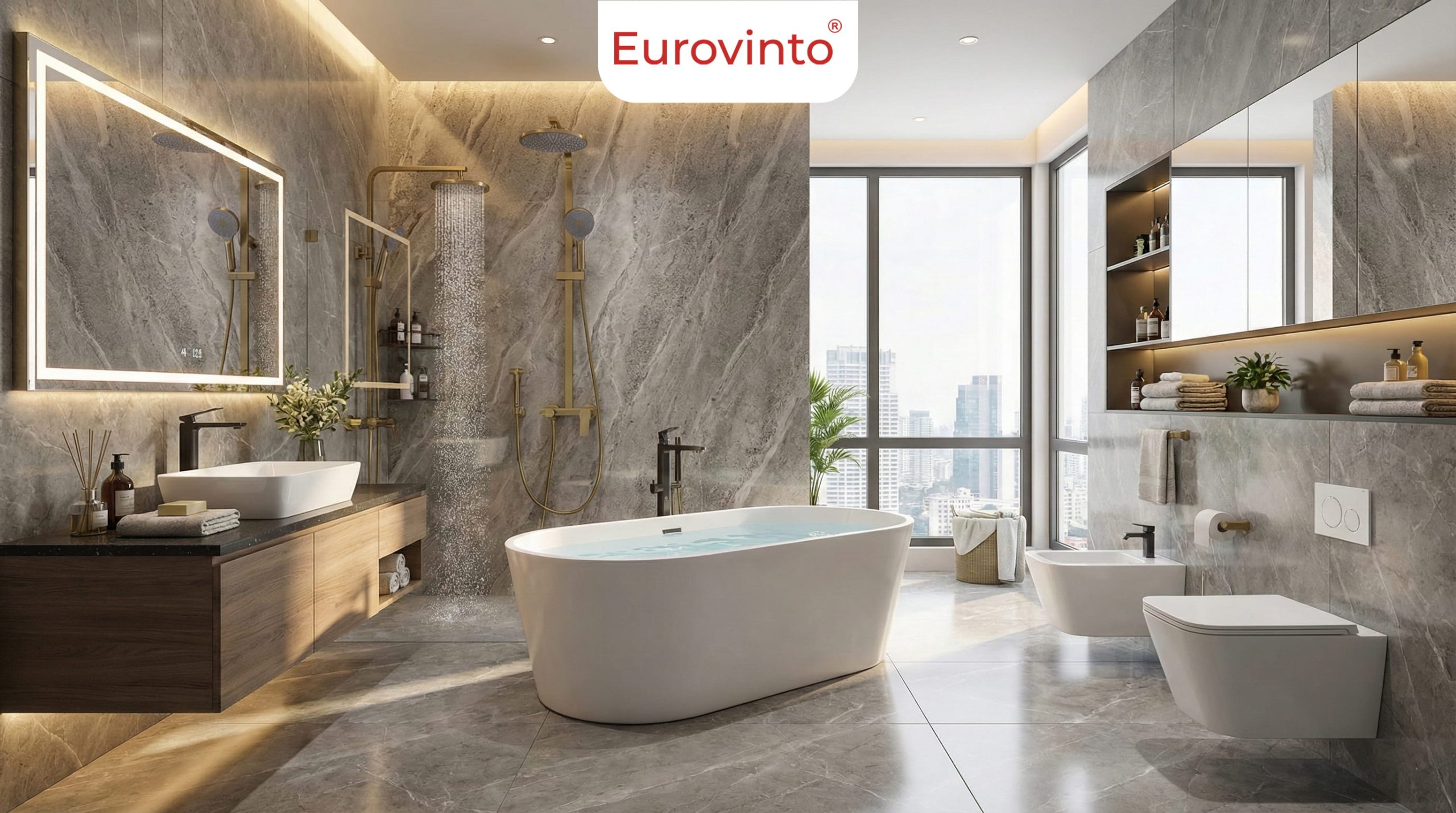 Phối cảnh Bồn Tắm Eurovinto EVT – 6667 và Bồn Cầu Eurovinto EVT – 0124 đạt 'tỷ lệ vàng' trong tiêu chuẩn lắp đặt thiết bị vệ sinh.